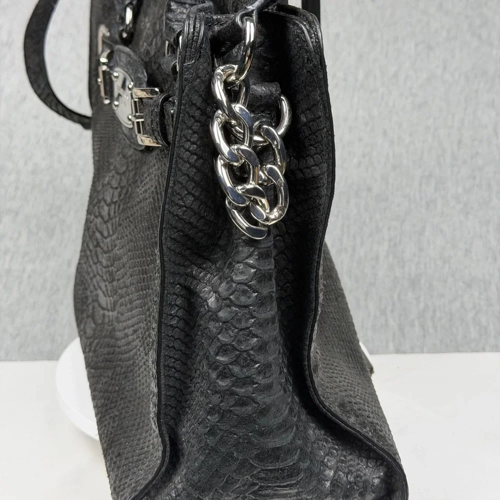 Michael Kors Hamilton Black Snakeskin Embossed Leather Satchel Handbag Silver HW
